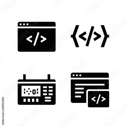 Coding icons featuring programming scripts, bracket syntax, server hardware, and software development tools highlight technical web infrastructure.