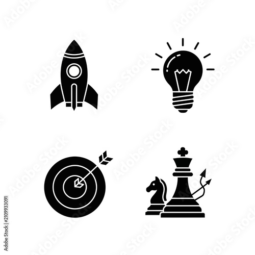 Business growth icons depicting a launching rocket, a bright lightbulb idea, a precise target, and strategic chess pieces symbolize success and innovation.