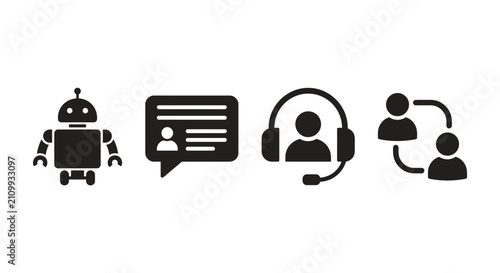 Customer support icons representing automated bots, chat messaging, headset communication, and user interaction are displayed in a clean graphic set.