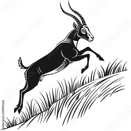 Black and white stylized illustration of an african antelope leaping over grassy terrain, powerful depiction of wildlife in motion, isolated on white background.