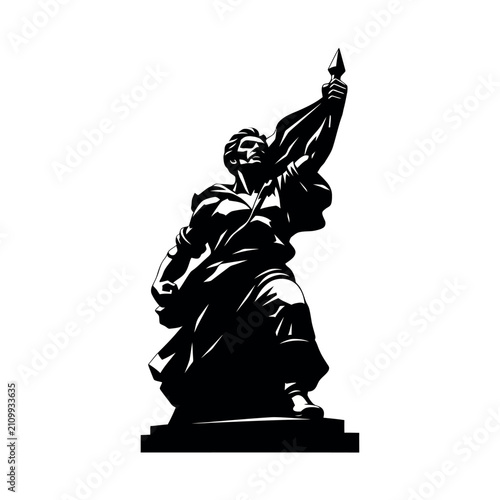 Schilderij op canvas Black and white illustration of a heroic statue of a man holding a flag