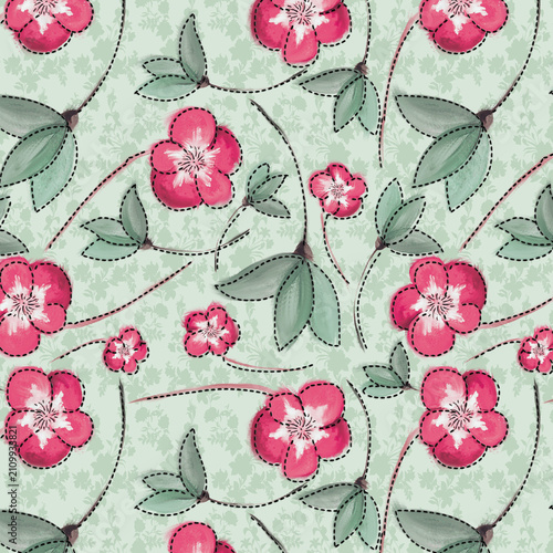Konstfotografi shabby-chic-inspired seamless floral pattern featuring stylized, vibrant pink blossoms and muted sage green leaves