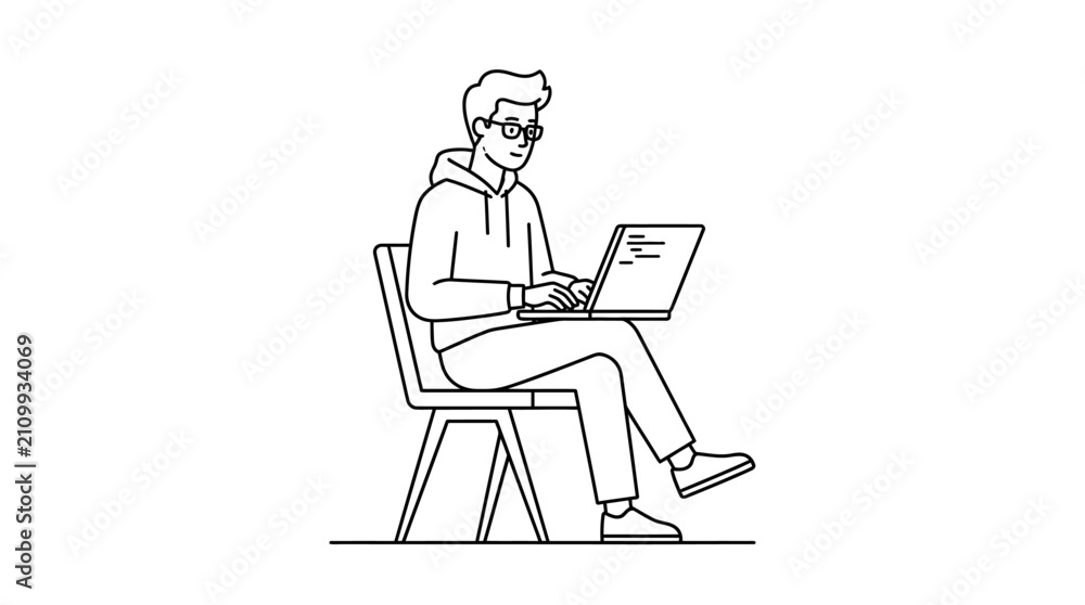 Fototapeta premium Man Working on Laptop Outline Vector Illustration