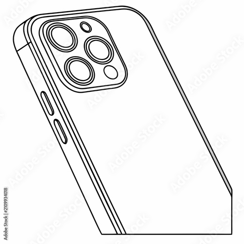 Modern smartphone with multiple camera lenses, minimalist outline illustration of contemporary mobile device in case, simple line art style.