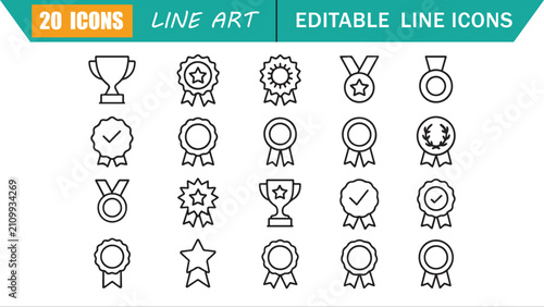 Fotografía Isolated award ribbon icons set, 20 editable line art icons set, badge, achievem