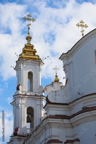 Vitebsk, Belarus, July 8, 2026. The upper part of the Resurrection Church with crosses.                               