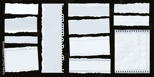 Foto Torn notebook paper pieces on a black background realistic style