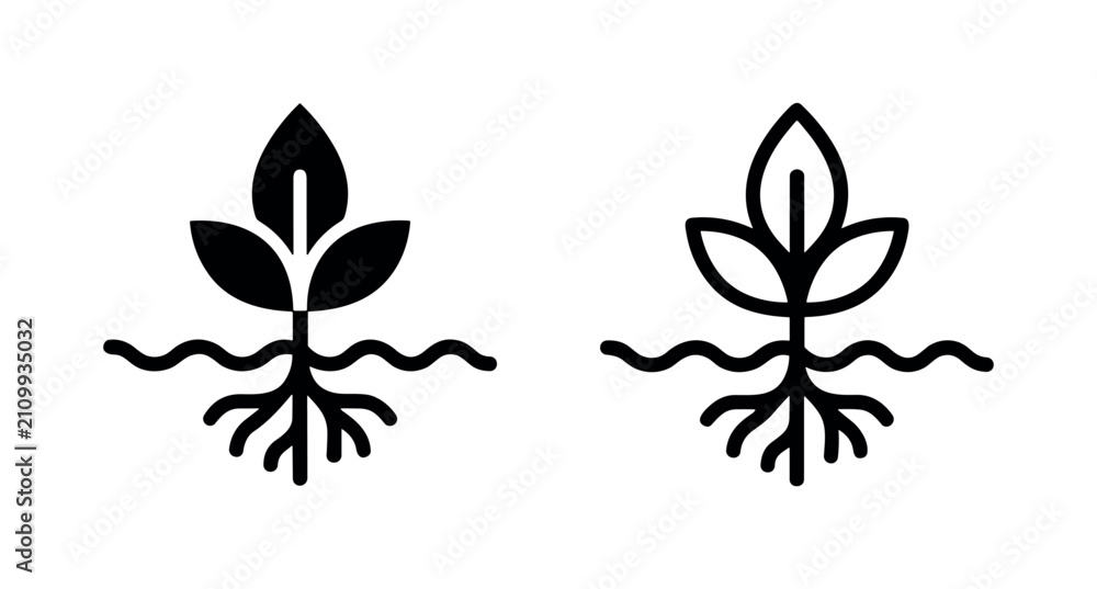 Obraz premium Plant with roots and leaves growing in soil or water icon, representing agriculture, botany, and organic growth.