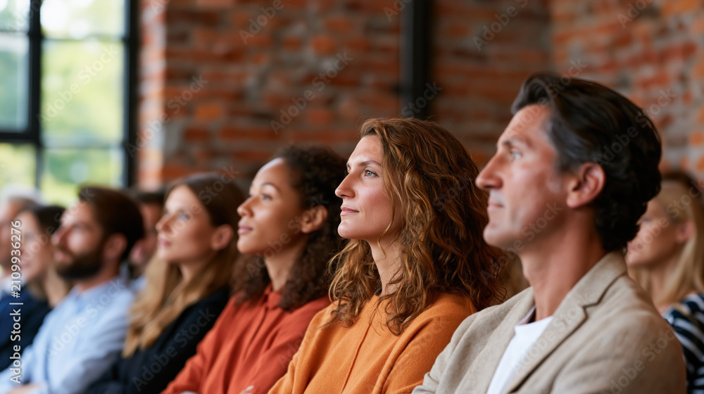 Obraz premium Attendees seated in an industrial loft-style room with brick walls and large windows, listening intently to a speaker presentation, with copy space