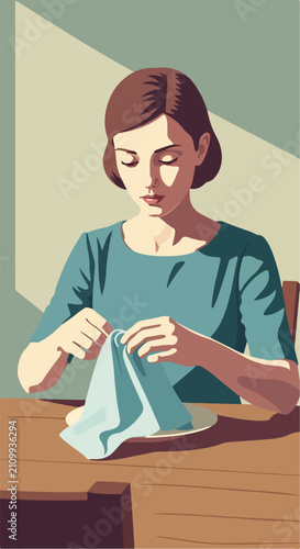 Woman sewing a cloth with a needle