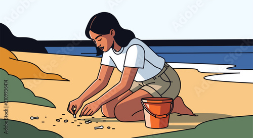 Woman on beach collecting shells with bucket