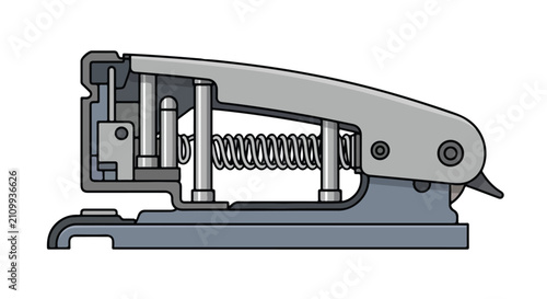 A detailed illustration of a metal tool with a spring mechanism