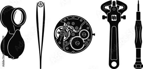 Принти на полотні Watchmaker and watch repair tools vector set with loupe, tweezers, movement mech