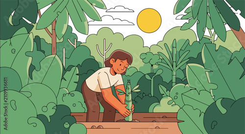 Person planting bamboo in lush greenery