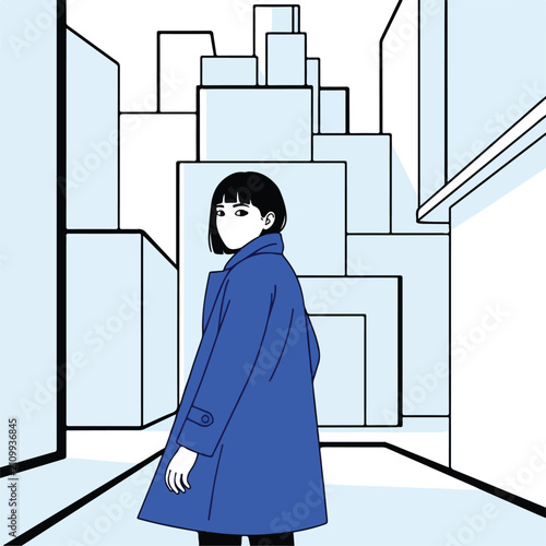 Minimalist woman in blue coat walks through stylized cityscape