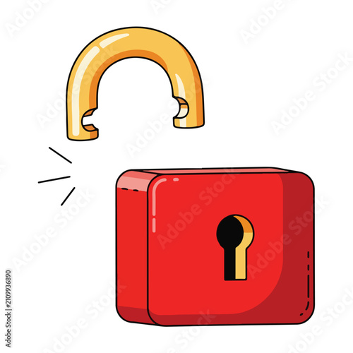 A red, open padlock with a golden shackle