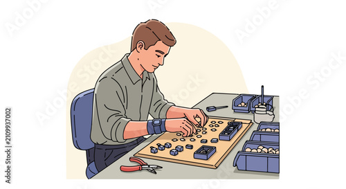 Person meticulously assembling small components on a workbench