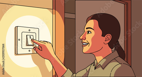 Person's hand turning on a light switch, illuminating the surroundings