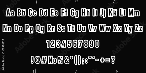 Complete set of white pixel art alphabet letters numbers and punctuation marks on a black background