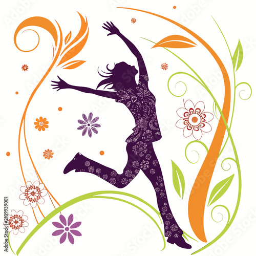 Dynamic woman jumping with arms wide open in stylized garden setting featuring purple flowers and orange leaves vector illustration expressing pure joy and freedom.