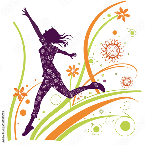 Graceful woman leaping through air in artistic floral landscape with bright orange and green swirls vector illustration depicting happiness wellness and free spirit.