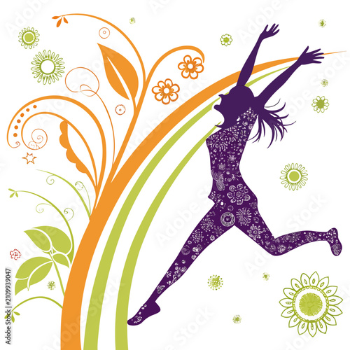 Exuberant woman silhouette with floral patterns jumps joyfully, arms wide, amidst decorative orange and green floral vines and scattered blossoms.