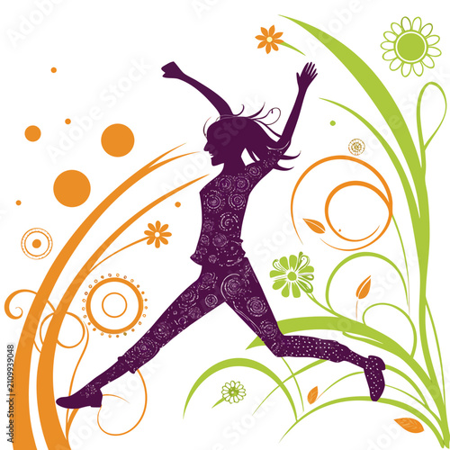 Vibrant woman silhouette, adorned with floral patterns, leaps with arms raised, surrounded by abstract orange and green swirling elements and flowers.