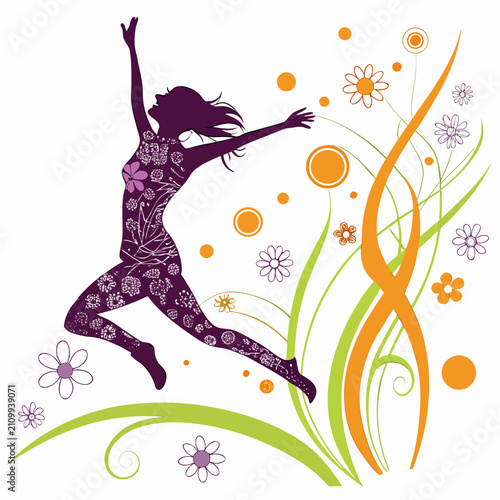 Happy woman silhouette in purple with floral pattern jumping and celebrating joyfully, surrounded by green and orange swirling plants and flowers, abstract circles, white background.