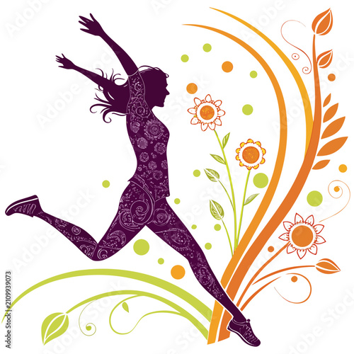 Joyful woman silhouette, embellished with floral designs, leaps with enthusiasm, surrounded by graceful orange and green organic curves and blossoms.