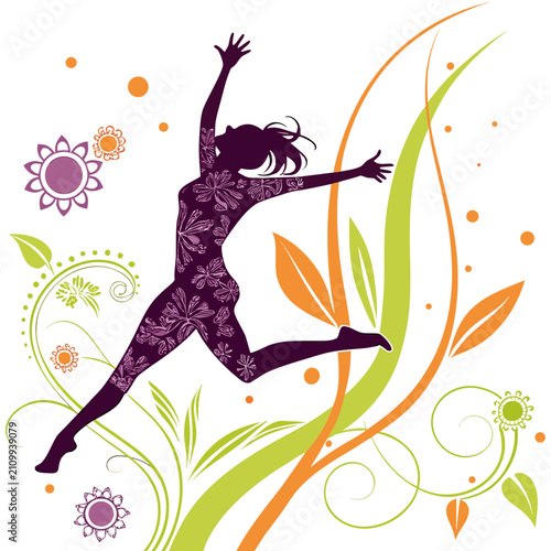 Joyful silhouette of a woman with floral pattern jumping in air, surrounded by colorful plants, flowers, and orange circles, dynamic, vibrant, white background.