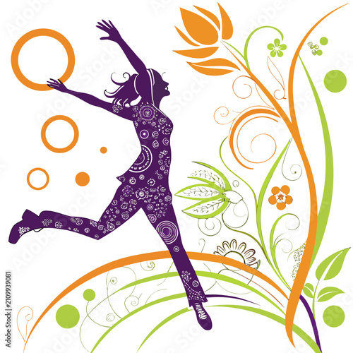 Woman silhouette with purple floral design leaping with arms outstretched, amidst swirling orange and green plants and abstract elements, energetic, festive, white backdrop.