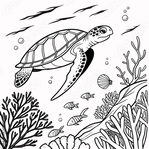 Detailed black and white line art illustration of a sea turtle swimming in ocean, with fish, coral, seaweed, and underwater currents, marine environment.