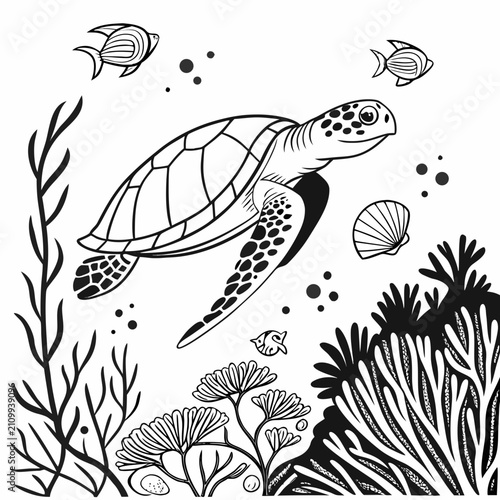 Sea turtle swimming gracefully underwater amidst coral reefs, seaweed, small fish, and bubbles, detailed black and white outline illustration, ocean life.