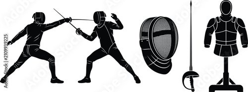 Bild auf Leinwand Fencing sport equipment silhouette set with fencers, mask, foil sword, and pract