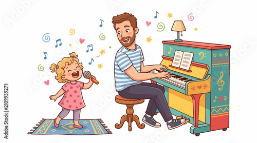 Father playing piano while happy little daughter sings with microphone clipart illustration on white background