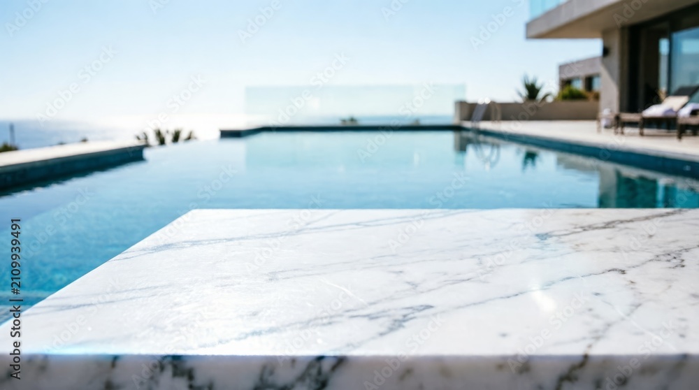 Fototapeta premium Modern Infinity Pool with Marble Edge and Ocean View for Luxury Real Estate