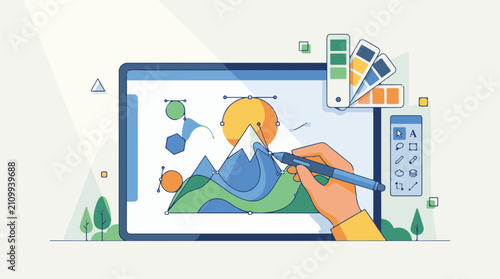 Digital artist creating a colorful mountain landscape on a tablet