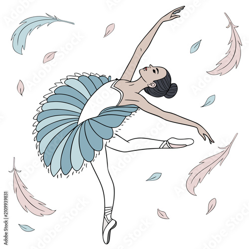 Stunning ballet dancer performing graceful movement in light blue tutu with falling feathers vector illustration for creative artistic projects or school branding.