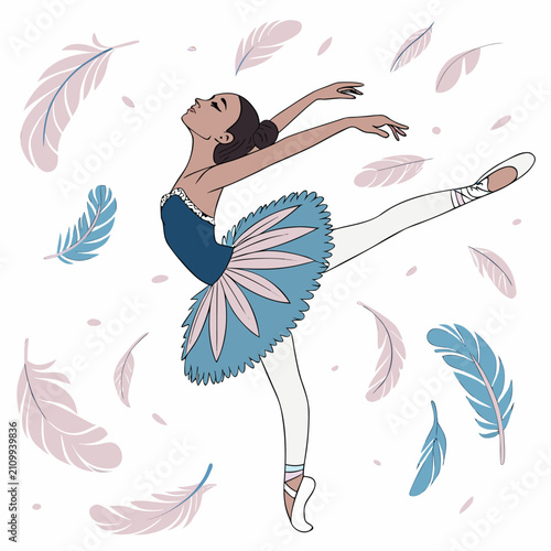 Dynamic ballerina in a ruffled blue and pink tutu dancing en pointe with a shower of soft feathers and tiny petals.