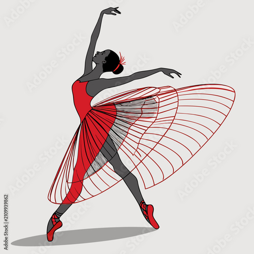 Elegant female ballet dancer in red tutu performing artistic pose with geometric skirt structure vector illustration for modern dance studio branding or marketing.