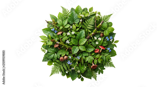 Forest Floor Harmony: A top-down view showcases a miniature ecosystem, a lush circular arrangement of vibrant green leaves, delicate wildflowers, and small mushrooms.