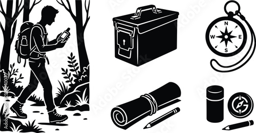 Foto Geocaching outdoor adventure silhouette set with hiker, GPS device, cache contai