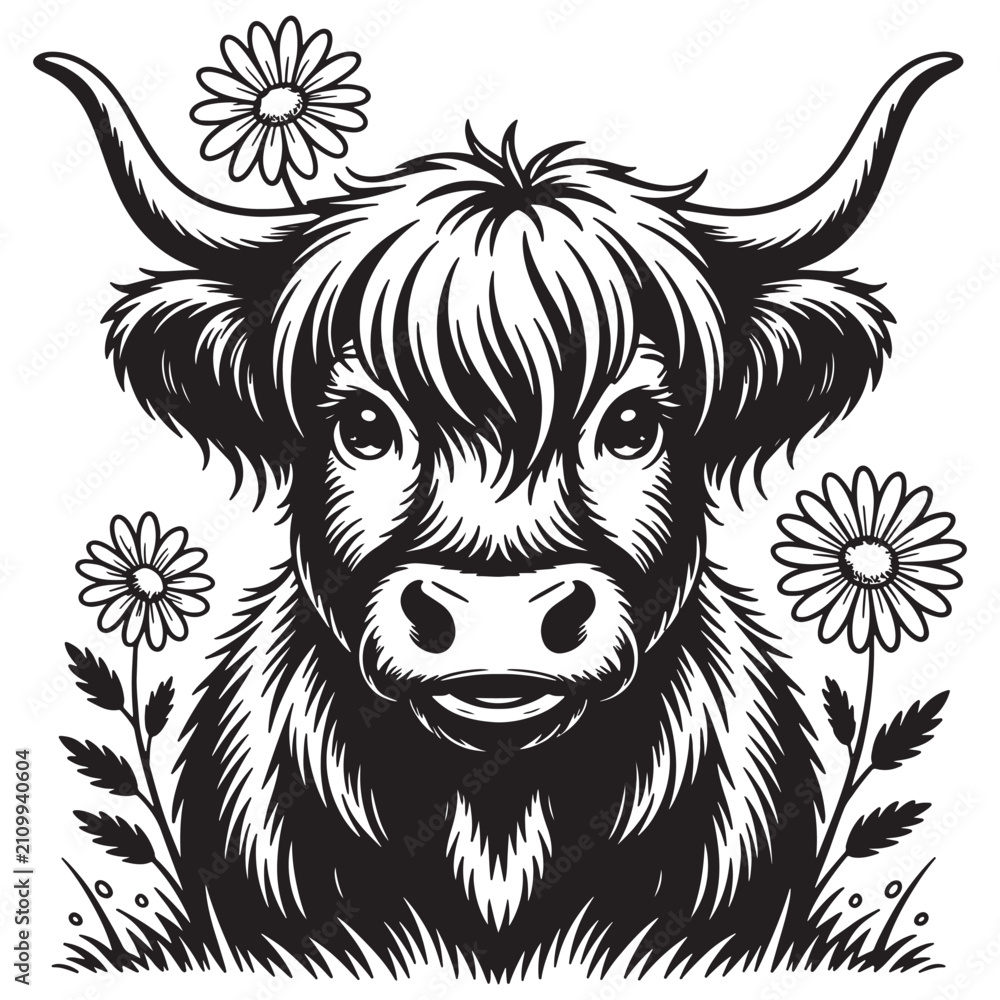 Fototapeta premium Highland cow vector illustration, cute fluffy cow head with daisy flowers, rustic farm animal line art, black and white cattle portrait for t-shirt design