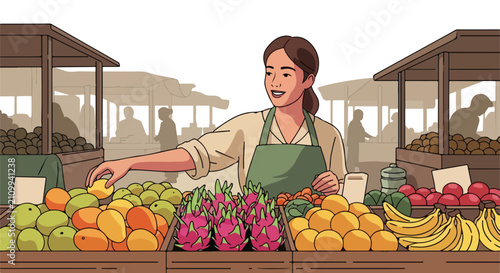 A vendor displays fresh fruit at a bustling market stall