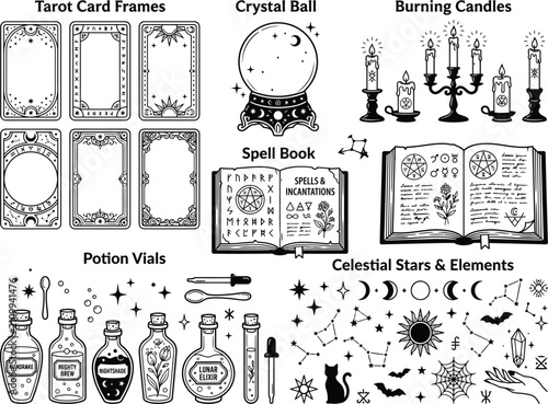Mystical witch vector set, tarot card frames, fortune teller crystal ball, burning candles, open spell books, potion vials, celestial stars symbols