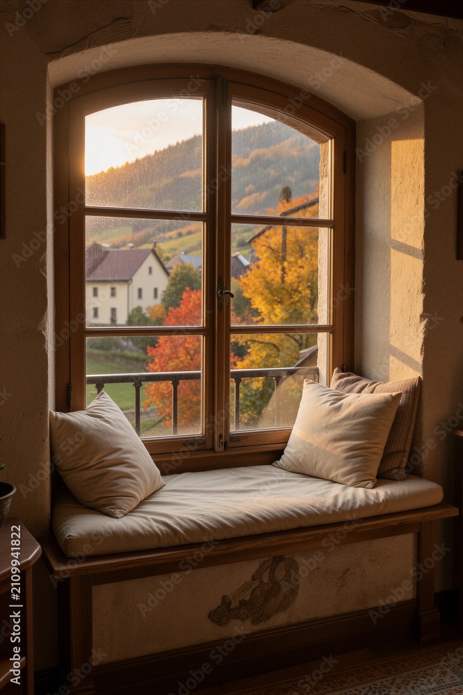 Fototapeta premium Warm autumn light pours through an arched wooden window in a cozy interior room, bathing a plush cushioned seat with a view of a rural landscape.