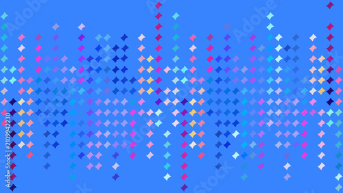 Small diamond-shaped tiles arranged in vertical columns against a bright blue background, with colors ranging from pink, purple, red, orange, and cyan, resembling a stylized soundwave.