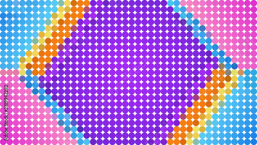 A grid of evenly spaced circles forming a diamond-shaped purple center, surrounded by diagonal bands of orange, yellow, blue, and pink.
