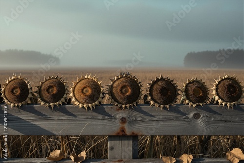 Six uniformly arranged dried sunflower heads on a weathered wooden fence in a misty autumn field evoke a serene yet melancholic mood.