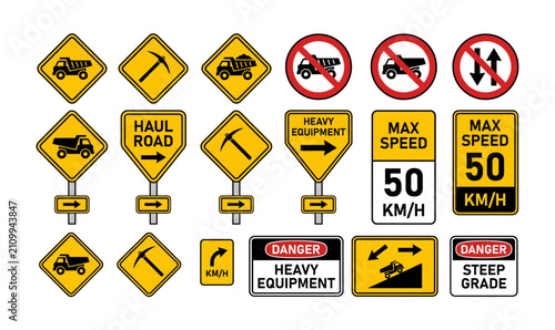 Collection of construction and traffic signs on transparent background.